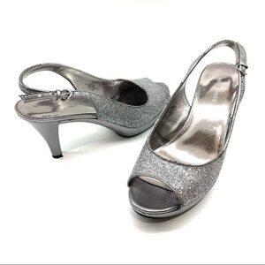Nine West Karoo Sling Back Glitter Peep Toe Heels Silver 7.5